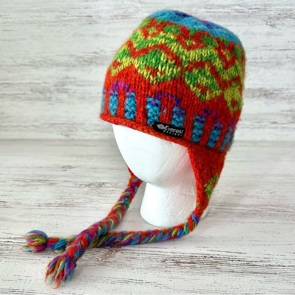 EVEREST DESIGNS 100% Wool Knit Rainbow Multicolored Tassel Hat Made in Nepal